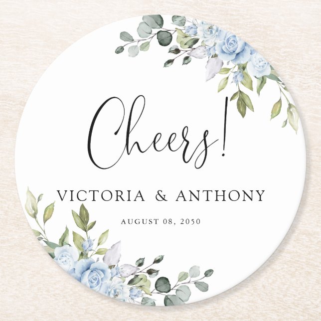 Papel Posavasos Redondo de Bodas Botánico Azul Suave (Anverso)