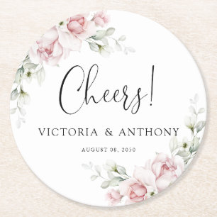 Papel Posavasos Redondo de Bodas con Flores de Color Ros