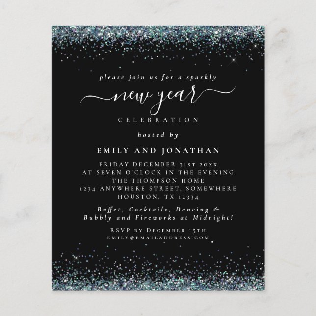 PAPEL | Purpurina azul Invitación de Año Nuevo neg (Frente)