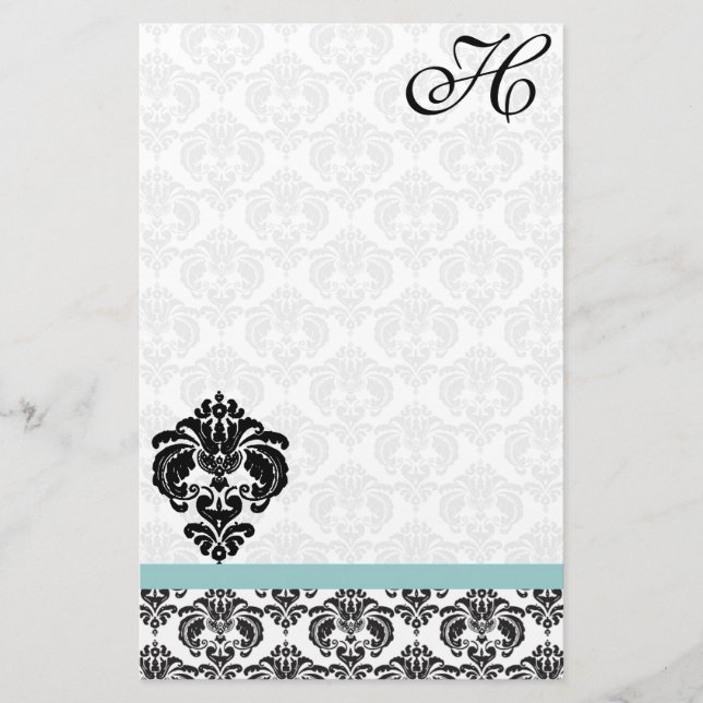 Papel reciclado del monograma Aqua Blue Damask (Anverso)