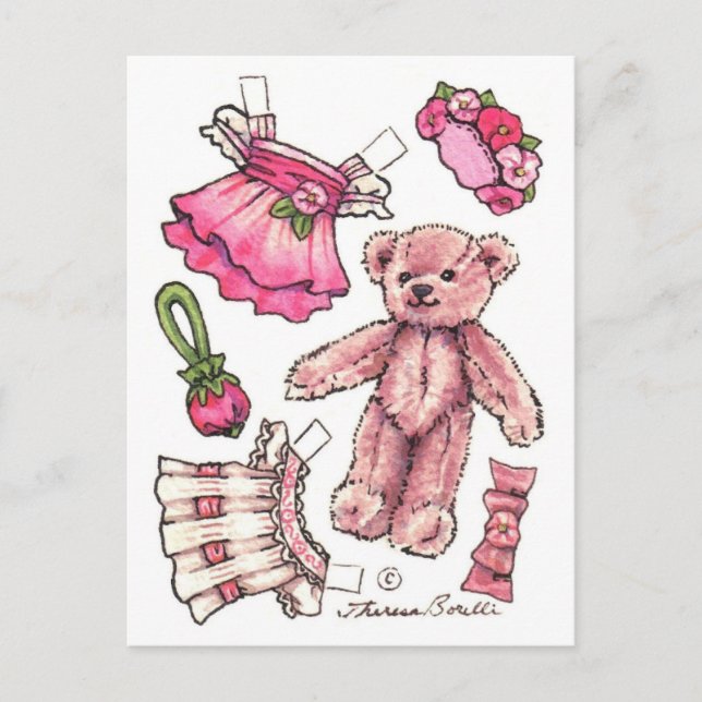 Papel rosa Petunia Teddy Bear Doll linda postal (Anverso)