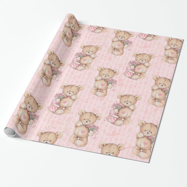 Papel rosado del papel de regalo del oso del bebé (Desenrollado)