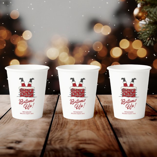 Papel Santa Bottoms Up Divertidos Vasos para Fiesta de N (Paper party cup with Santa upside-down in a brick chimney, "Bottoms Up" in red script)