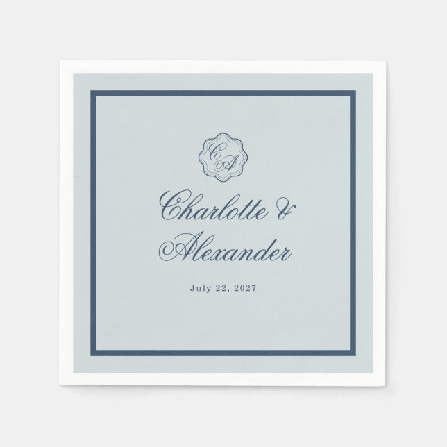Papel Servilleta Clásica de Boda Costera Azul Polvorient (Anverso)