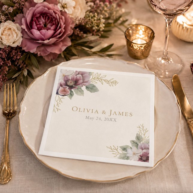 Papel Servilleta de boda botánica de ciruela y olivo (Plum & Olive Botanical Wedding Napkin)