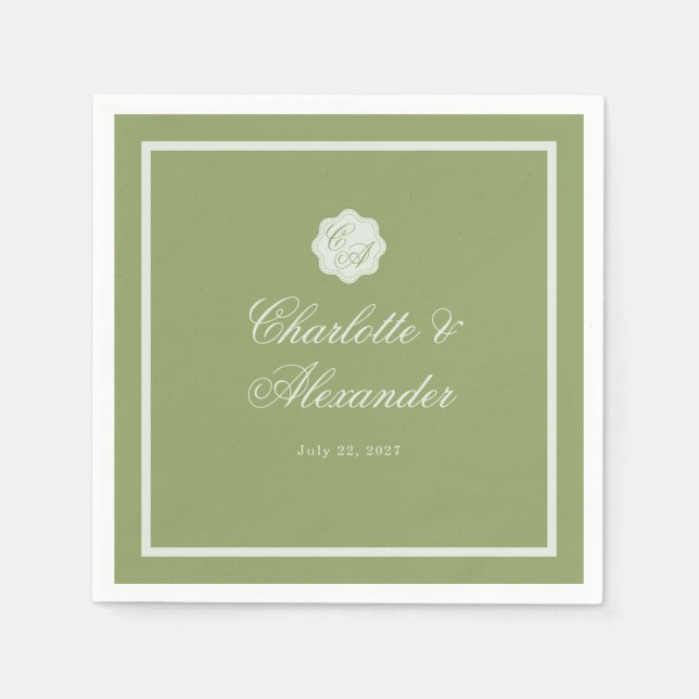 Papel Servilleta de boda con caligrafía Verde Musgo (Anverso)