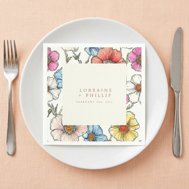Papel Servilleta de boda con flores silvestres de verano (Vibrant summer wild flowers wedding napkin.)