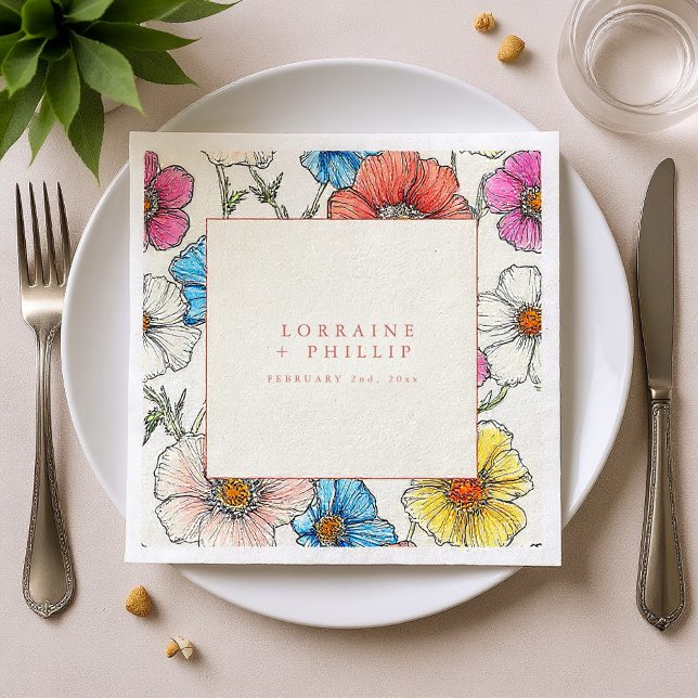 Papel Servilleta de boda con flores silvestres grandes y (Large bright wild flowers wedding napkin.)