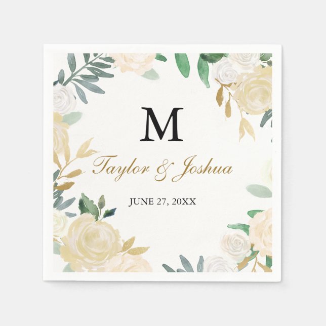 Papel Servilleta de boda con monograma de corona de oro  (Anverso)