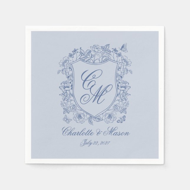 Papel Servilleta de boda con monograma de cresta floral  (Anverso)