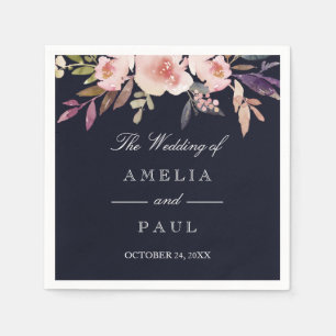 Papel Servilleta de boda con peonías acuarela rosa naval