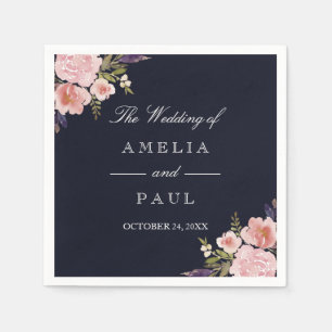 Papel Servilleta de boda con peonías acuarela rosa naval