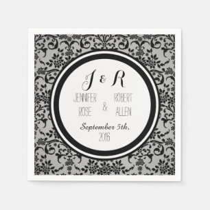 Papel Servilleta de boda de damasco gris plateado y negr