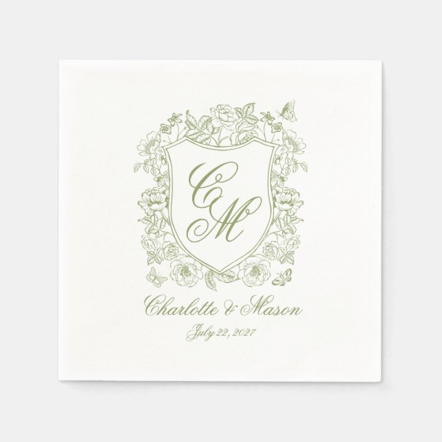 Papel Servilleta de boda de jardín verde salvia con cres (Anverso)