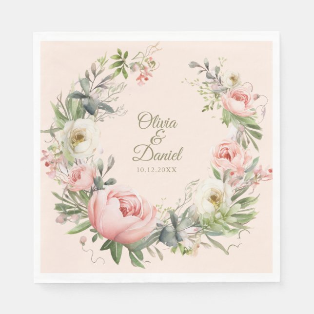Papel Servilleta de boda Elegante Blush y Peonía de Melo (Anverso)