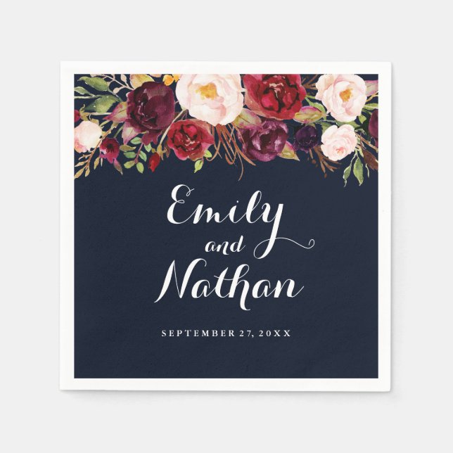 Papel Servilleta de boda floral burdeos Navy de otoño (Anverso)