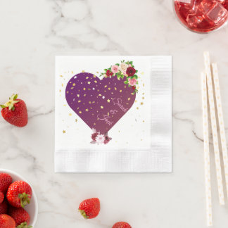 Papel Servilleta de boda floral con corazón morado elega