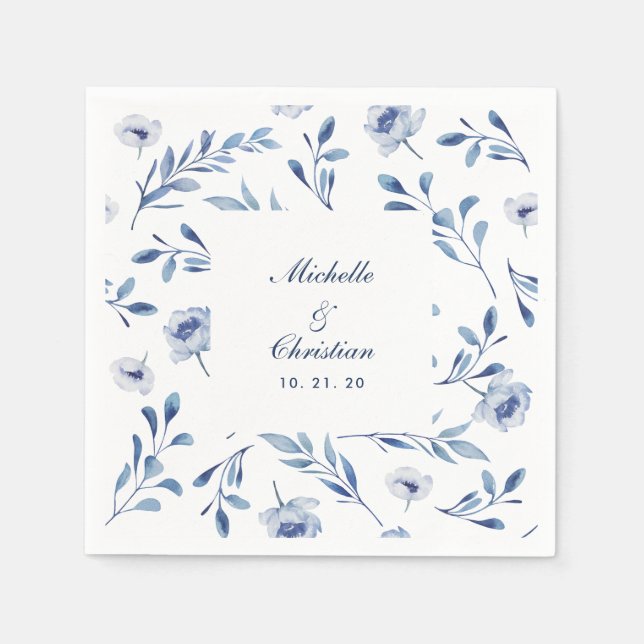 Papel Servilleta de boda floral de acuarela azul (Anverso)