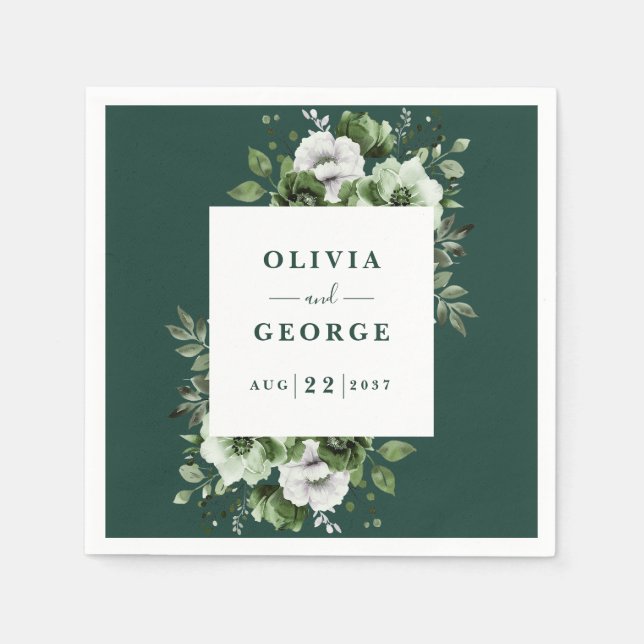 Papel Servilleta de boda floral elegante verde esmeralda (Anverso)
