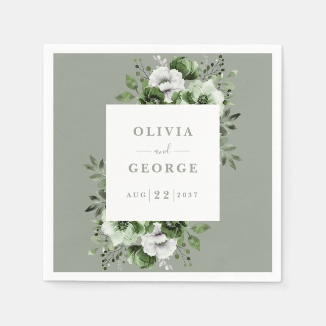 Papel Servilleta de boda floral elegante verde salvia (Anverso)