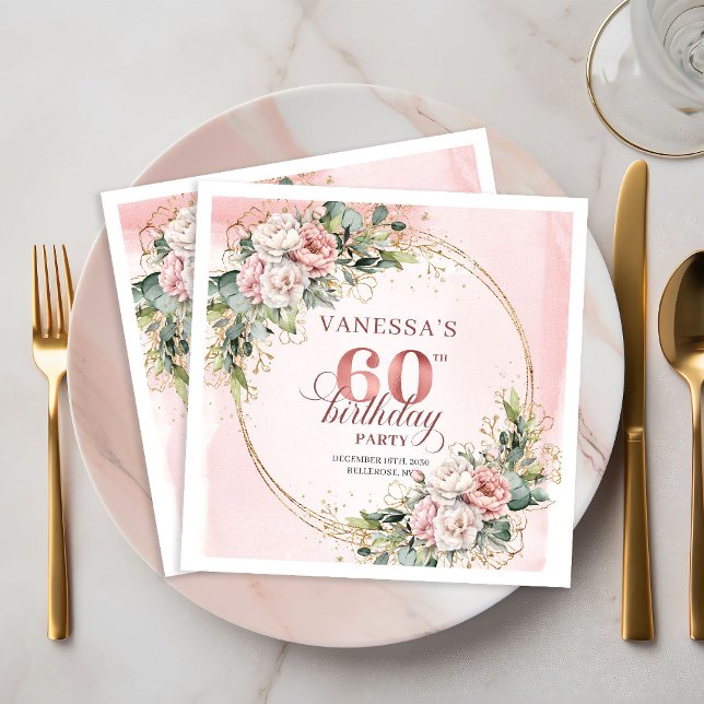 Papel Servilleta de cumpleaños 60 Chic Boho Blush Pink G (Chic Boho Blush Pink Greenery 60th Birthday Napkins)