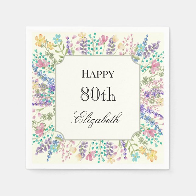 Papel Servilleta de cumpleaños 80 Colorida Floral (Anverso)