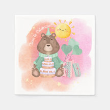 Servilleta de cumpleaños de oso acuarela pastel