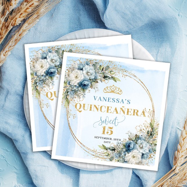 Papel Servilleta de cumpleaños número 15 con flores azul (Boho Pastel Blue Flowers Gold 15th Birthday Napkins)