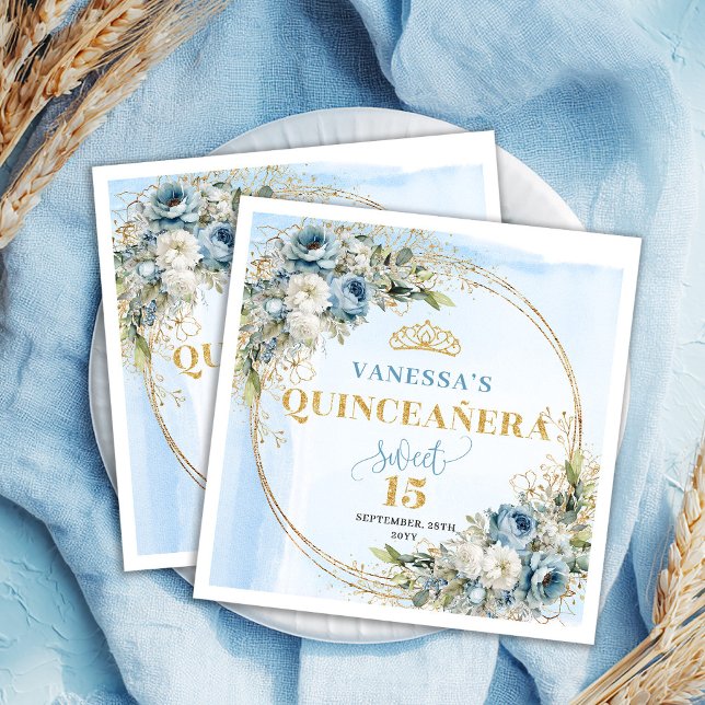 Papel Servilleta de cumpleaños número 15 con marco de or (Pastel Blue Floral Gold Frame 15th Birthday Napkins)