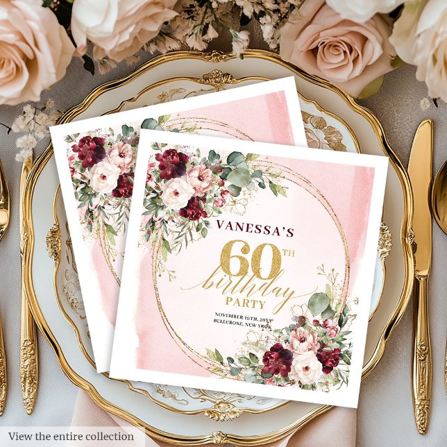 Papel Servilleta de cumpleaños número 60 Boho Merlot Rub (Boho Merlot Blush Floral Gold 60th Birthday Napkins)