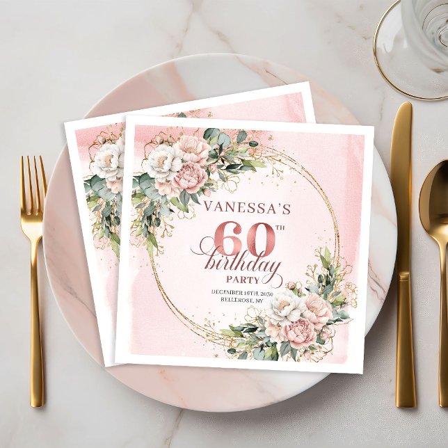 Papel Servilleta de cumpleaños número 60 Pretty Boho Lig (Pretty Boho Light Pink Floral 60th Birthday Napkins)
