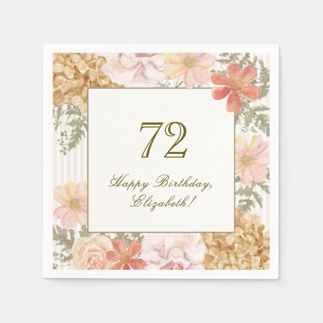 Papel Servilleta de cumpleaños número 72 con franja flor (Anverso)