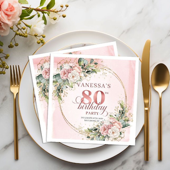 Papel Servilleta de cumpleaños número 80 Rosa Oro Brilla (Shimmering Rose Gold Blush Pink 80th Birthday Napkins)
