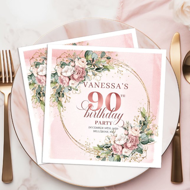 Papel Servilleta de cumpleaños número 90 de Rosa Dorado  (Shimmering Rose Gold Greenery 90th Birthday Napkins)