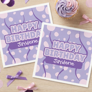 Papel Servilleta de cumpleaños rosa y morada con nombre