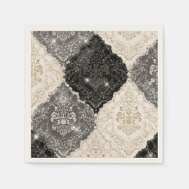 Papel Servilleta de Damasco Negro Blanco con Perla Elega