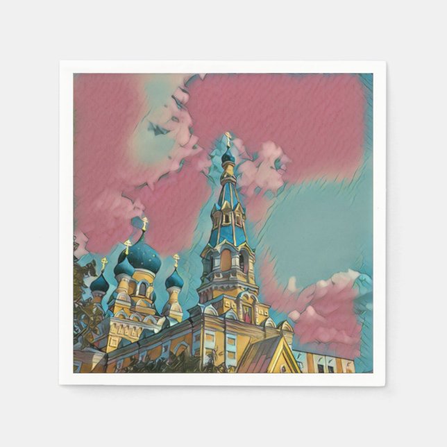 Papel Servilleta de Iglesia Rosa y Turquesa Pintur (Anverso)