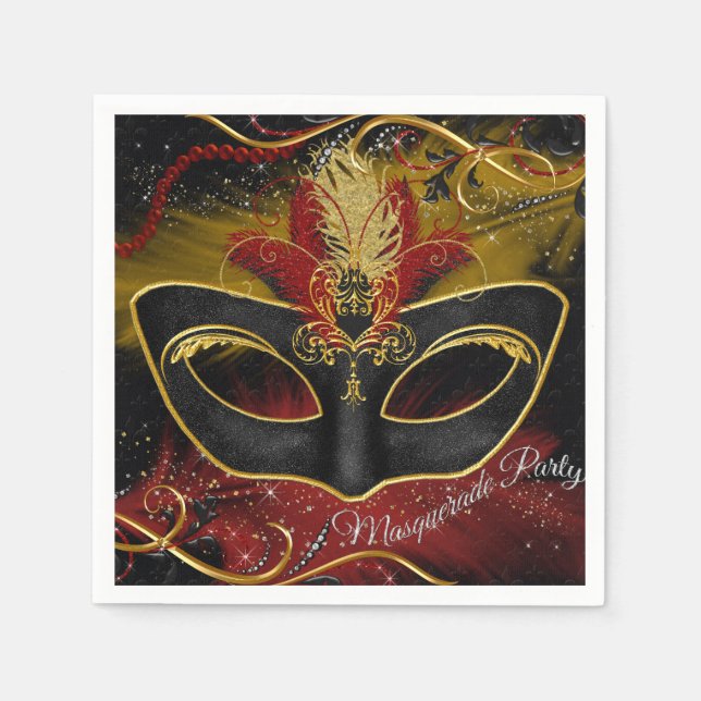 Papel Servilleta de Mascarada con Máscara de Plumas Rojo (Anverso)