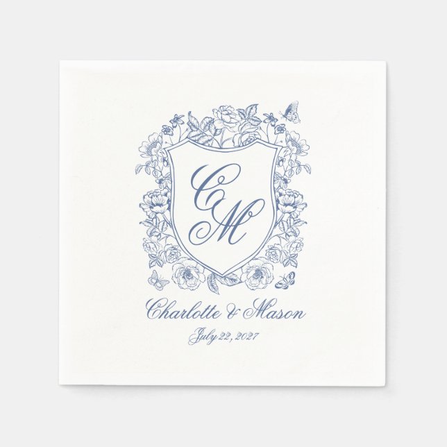 Papel Servilleta de Monograma de Boda con Cresta Floral  (Anverso)