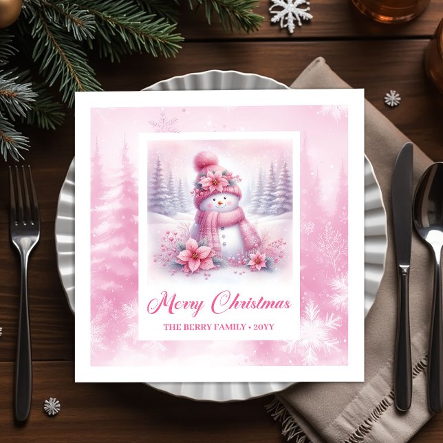 Papel Servilleta de Navidad de Bosque Invernal Alegre co (Cheery Winter Forest Pink Snowman Christmas Napkins Kids)