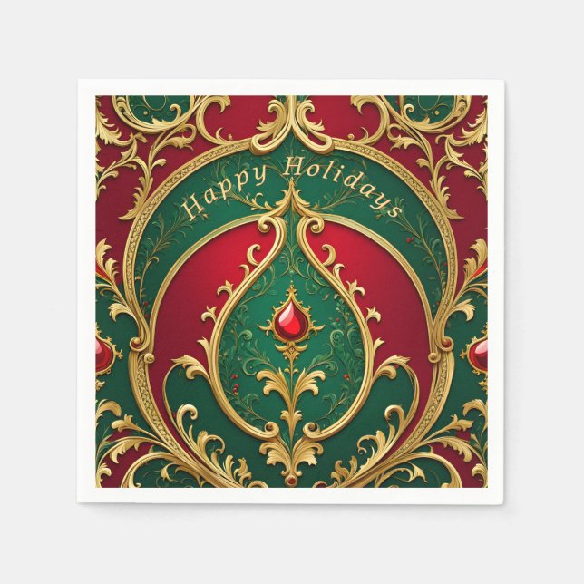 Papel Servilleta de Navidad Roja Verde Dorada Fiesta (Anverso)
