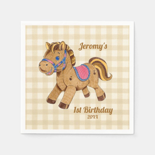 Papel Servilleta de pony para 1er cumpleaños (Anverso)