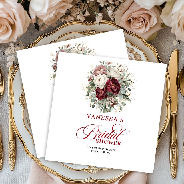Papel Servilleta Floral de diseñador Burdeos Dorado para (Designer Burgundy Floral Gold Bridal Shower Napkins)