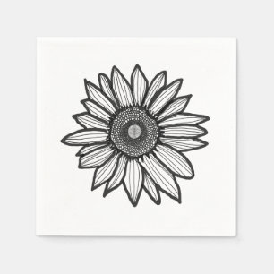 Papel Servilleta Floral de Girasol Rústico Negro y Blanc