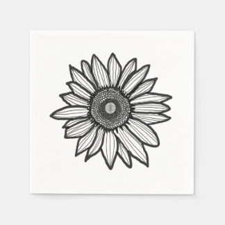 Papel Servilleta Floral de Girasol Rústico Negro y Blanc