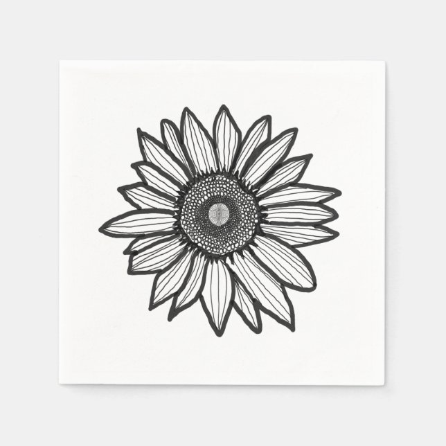 Papel Servilleta Floral de Girasol Rústico Negro y Blanc (Anverso)