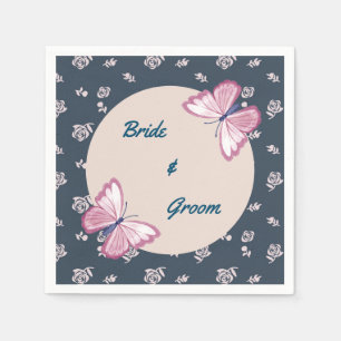Papel servilleta floral de mariposas rosadas azul marino