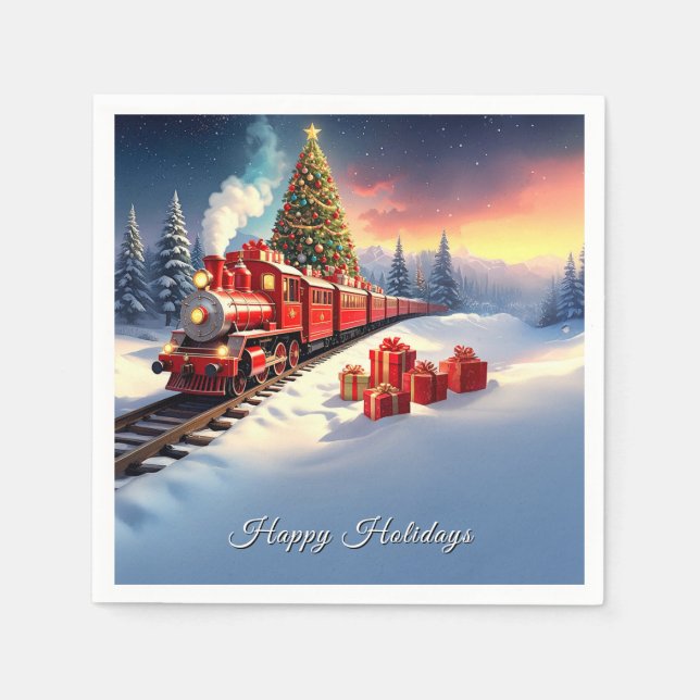 Papel Servilleta Navideña Árbol de Navidad Tren Rojo (Anverso)