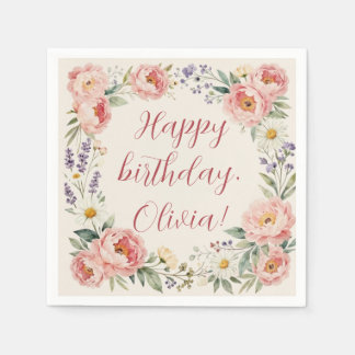 Papel Servilleta personalizada de cumpleaños feliz flora