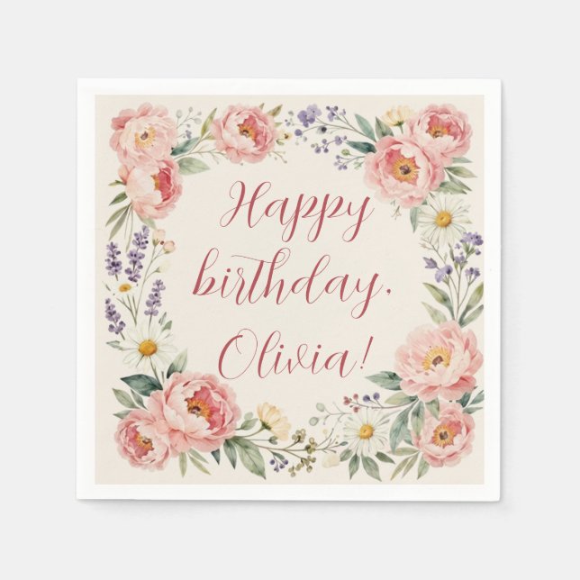 Papel Servilleta personalizada de cumpleaños feliz flora (Anverso)